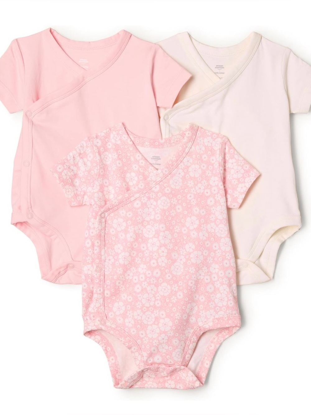 Pack of 3 Pink Floral Ivory Short-Sleeve Baby Kimono Bodysuit One Piece